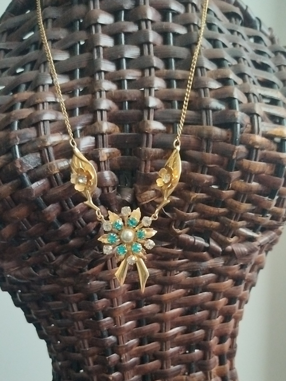 Gold-Tone Floral Pendant Choker Necklace with Teal Stones